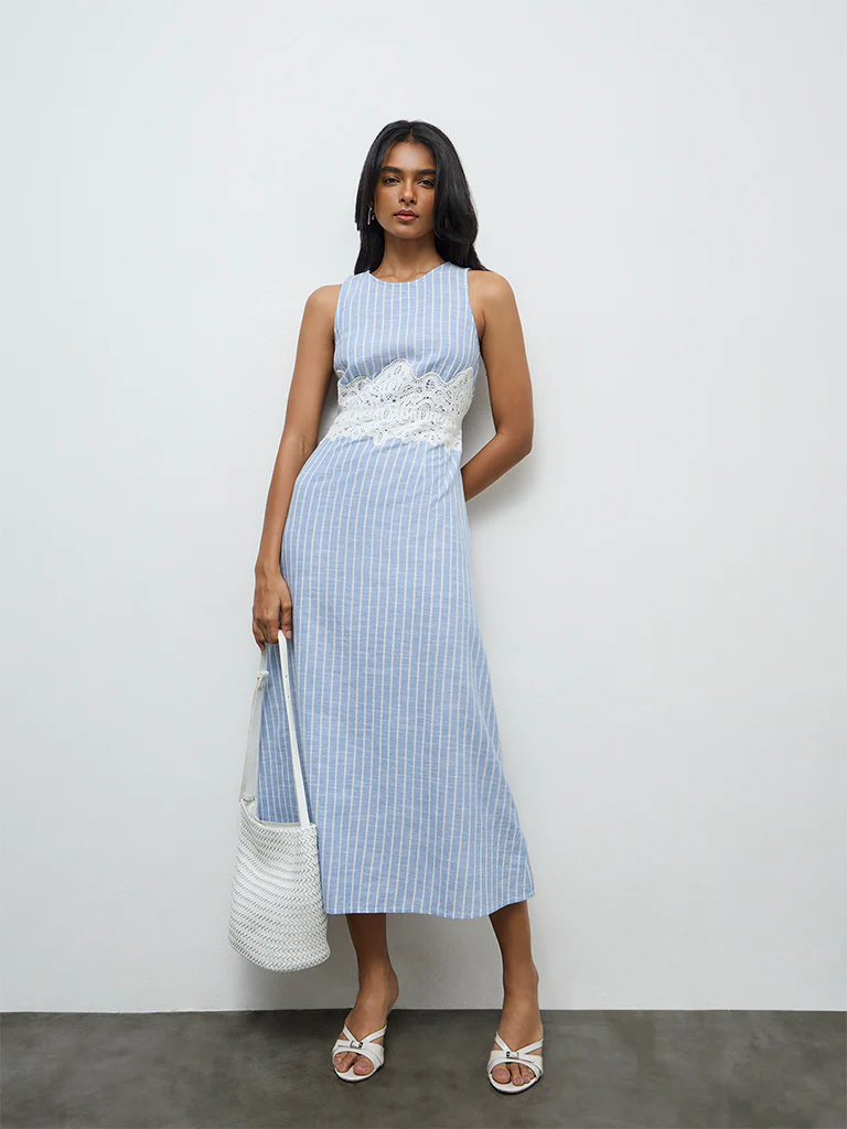 LOV Light Blue Striped Lace-Detailed Cotton A-Line Dress