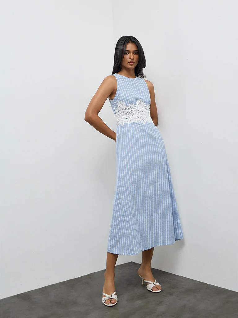 LOV Light Blue Striped Lace-Detailed Cotton A-Line Dress - Image 2