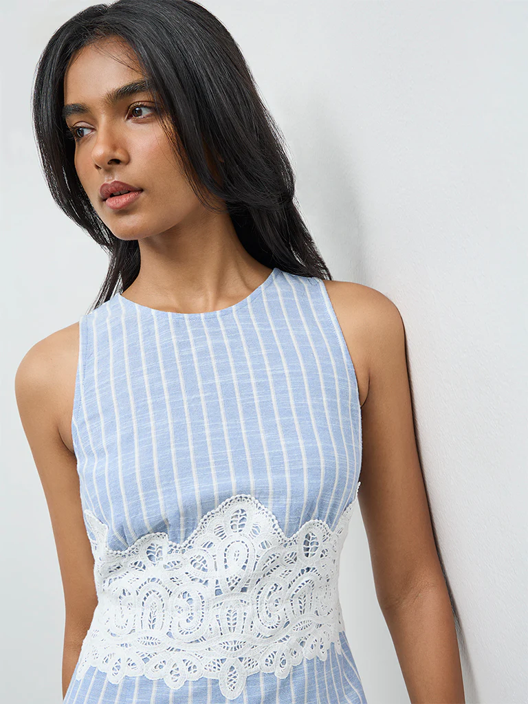 LOV Light Blue Striped Lace-Detailed Cotton A-Line Dress - Image 3