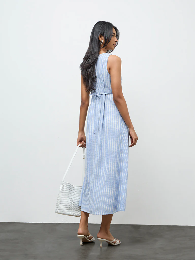 LOV Light Blue Striped Lace-Detailed Cotton A-Line Dress - Image 4