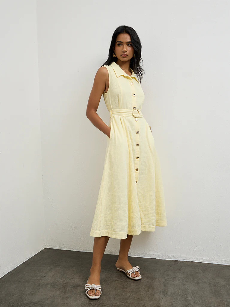 LOV Light Yellow Crinkle-Textured Cotton A-Line Dress