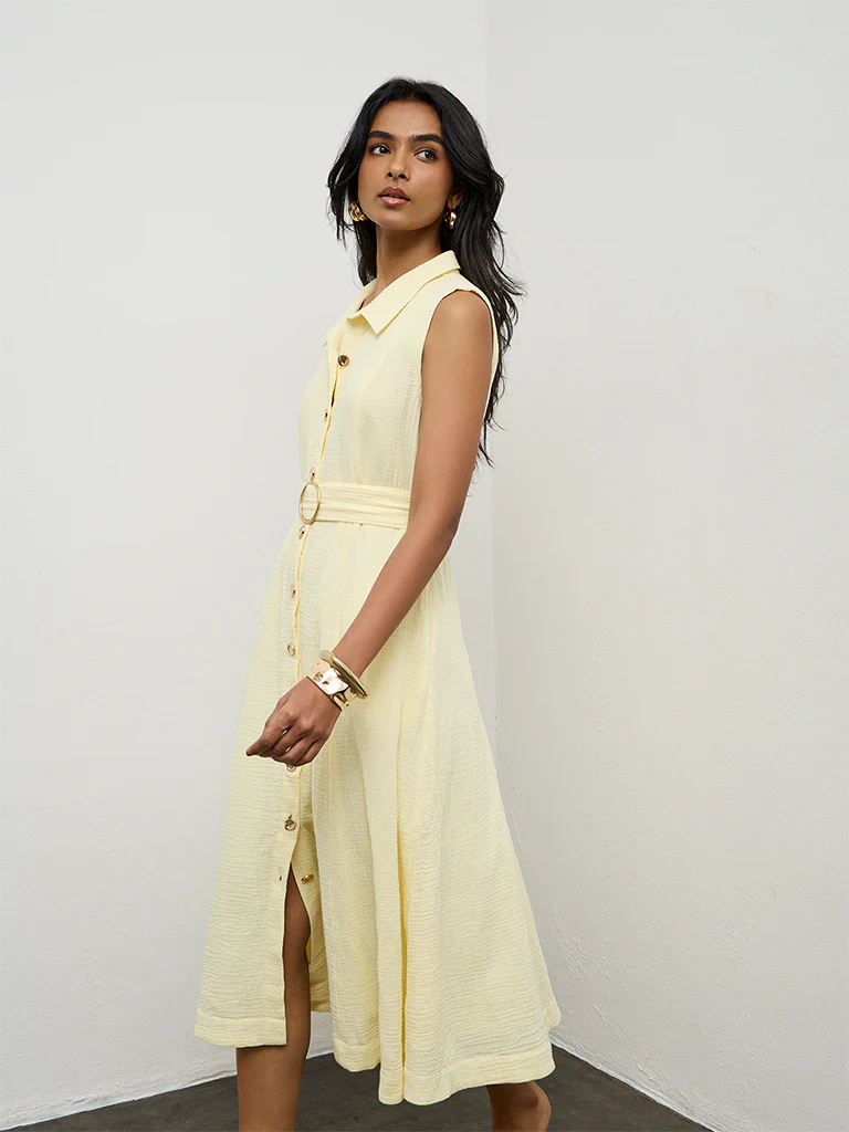 LOV Light Yellow Crinkle-Textured Cotton A-Line Dress - Image 2