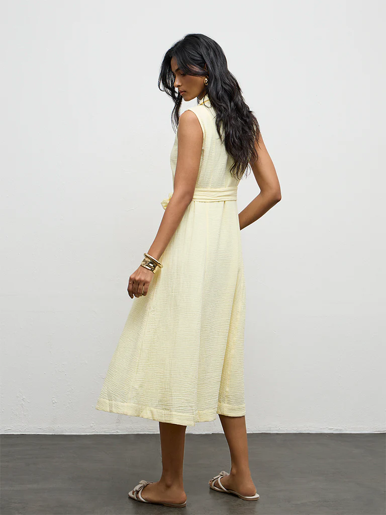 LOV Light Yellow Crinkle-Textured Cotton A-Line Dress - Image 4