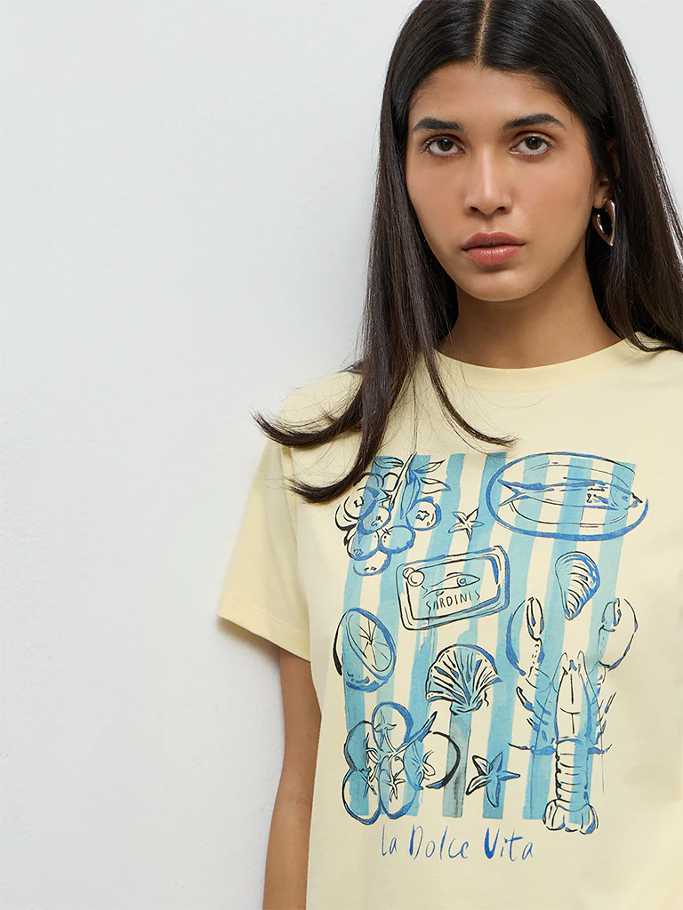 LOV Light Yellow Graphic Printed Cotton T-Shirt - Image 3