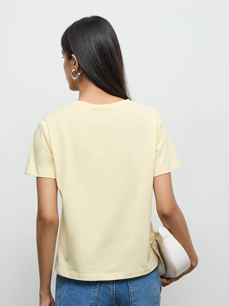 LOV Light Yellow Graphic Printed Cotton T-Shirt - Image 4