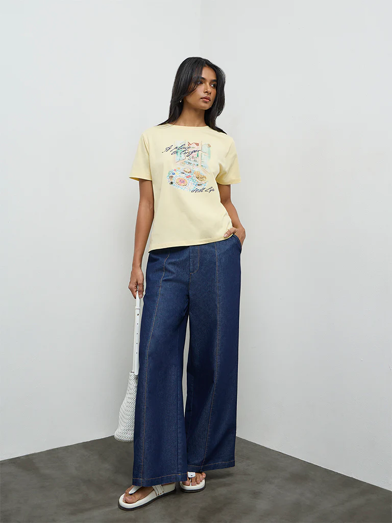 LOV Light Yellow Graphic Printed Cotton T-Shirt - Image 2