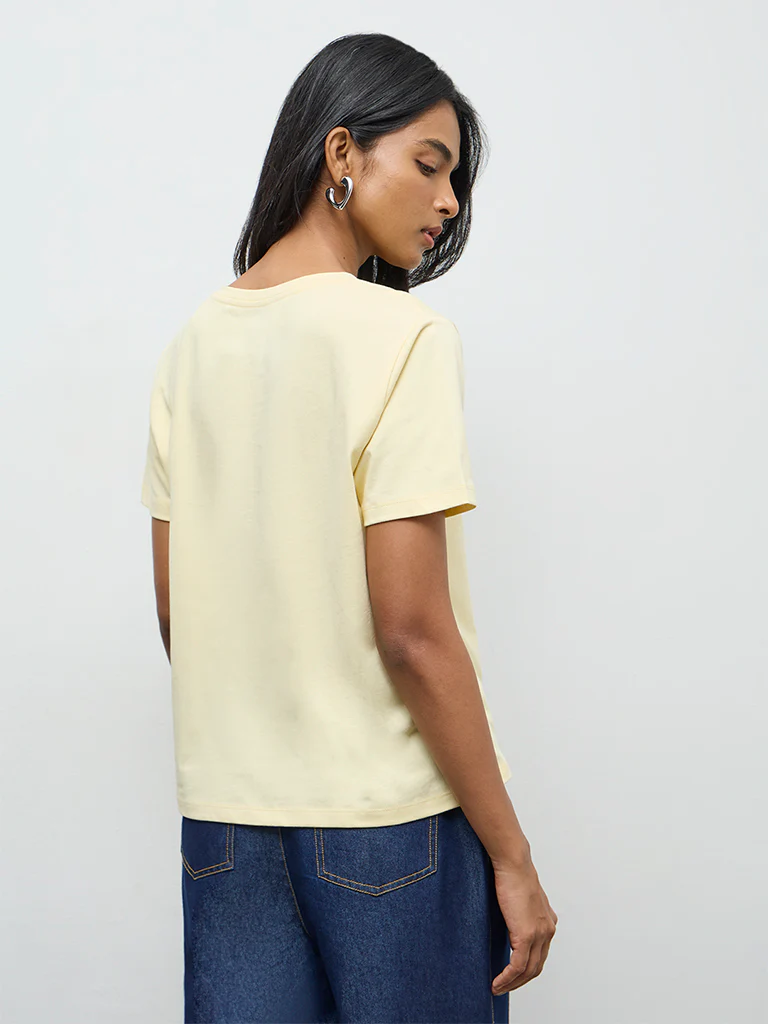LOV Light Yellow Graphic Printed Cotton T-Shirt - Image 4