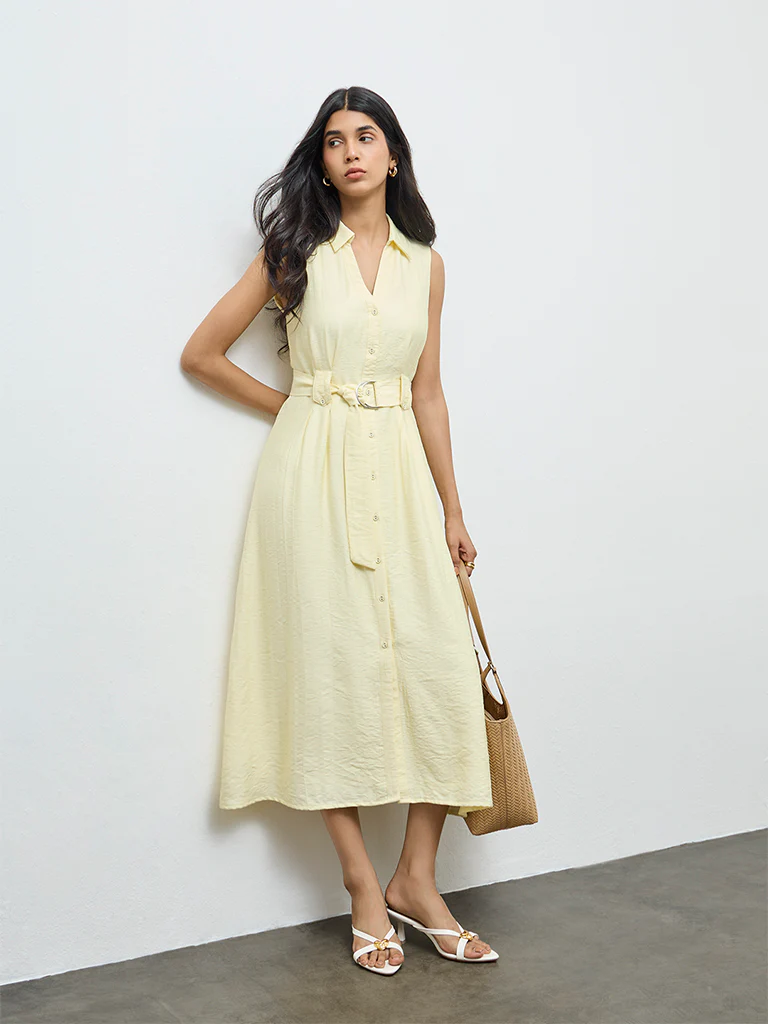 LOV Light Yellow Solid Shirt Dress - Image 2