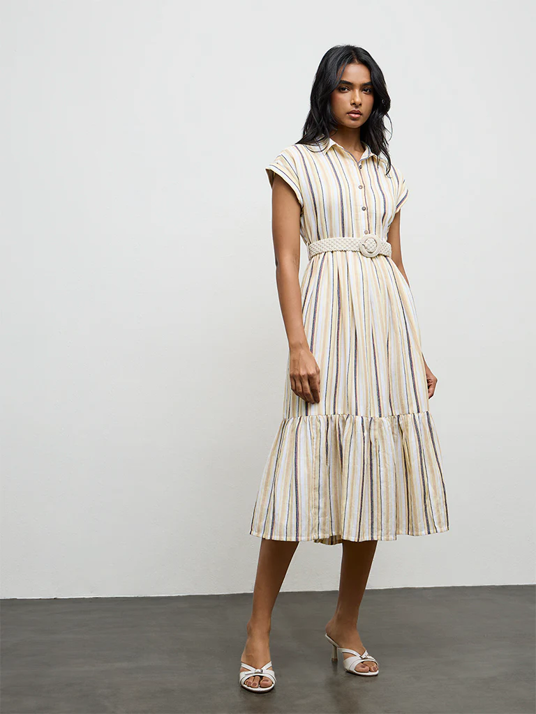LOV Light Yellow Striped Linen-Blend A-Line Dress