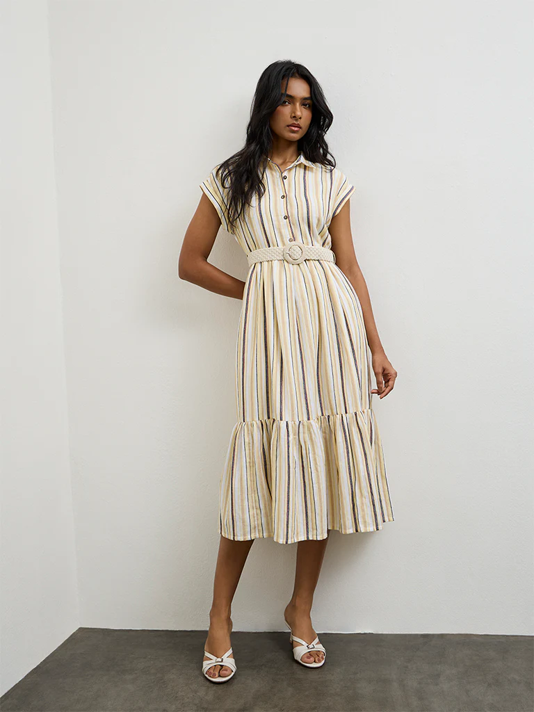 LOV Light Yellow Striped Linen-Blend A-Line Dress - Image 2