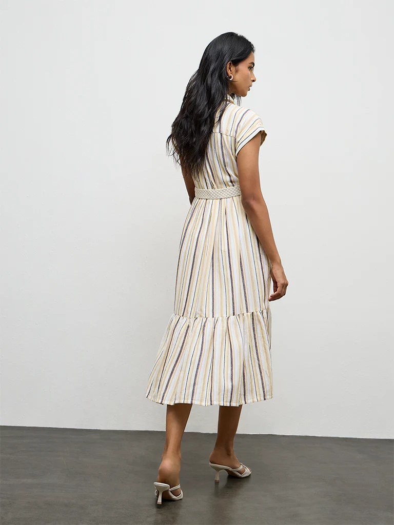 LOV Light Yellow Striped Linen-Blend A-Line Dress - Image 4