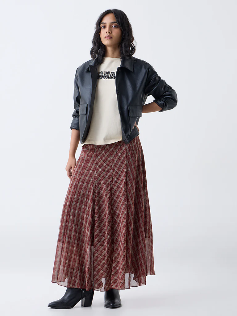 LOV Maroon Check Pattern High-Rise Skirt-Online Exclusive