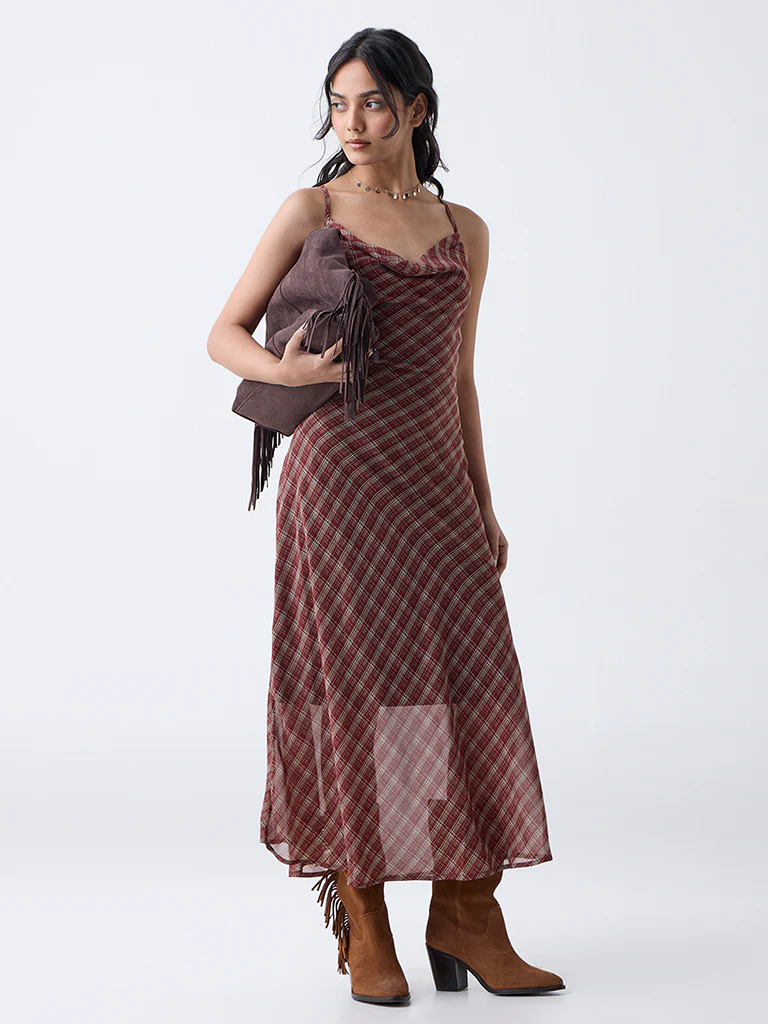 LOV Maroon Checks Cowl Neck A-Line Dress-Online Exclusive - Image 2