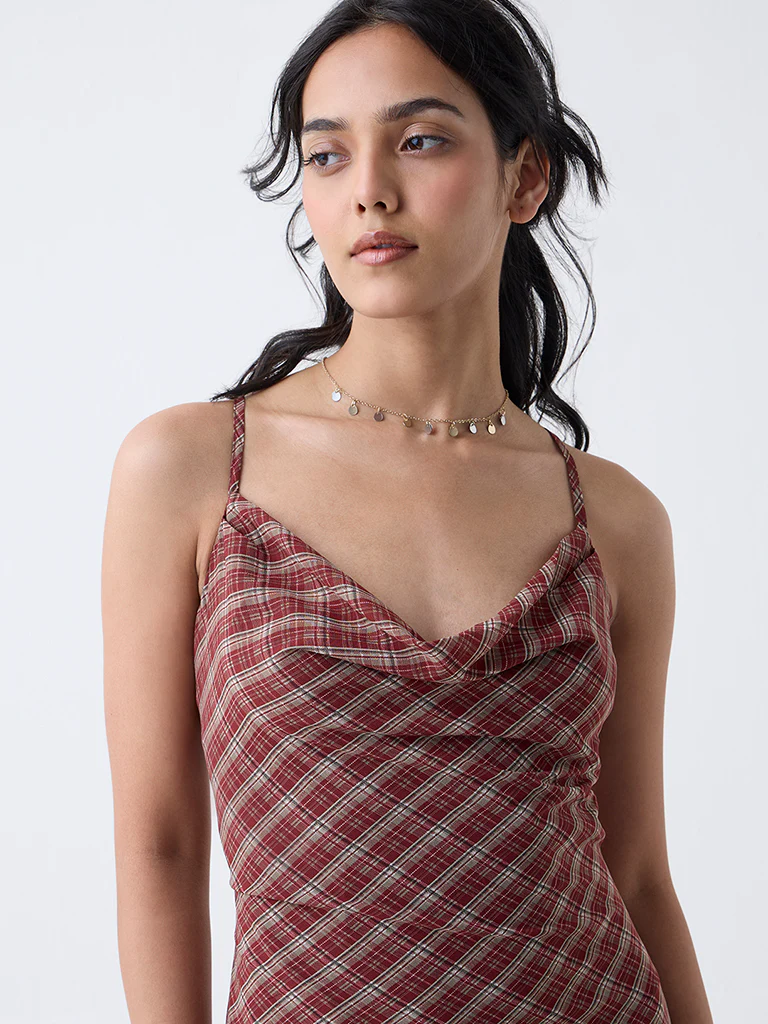 LOV Maroon Checks Cowl Neck A-Line Dress-Online Exclusive - Image 3