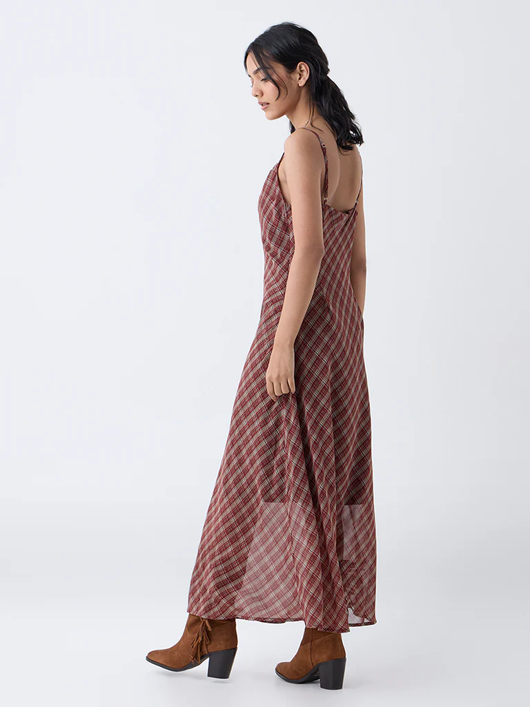 LOV Maroon Checks Cowl Neck A-Line Dress-Online Exclusive - Image 4