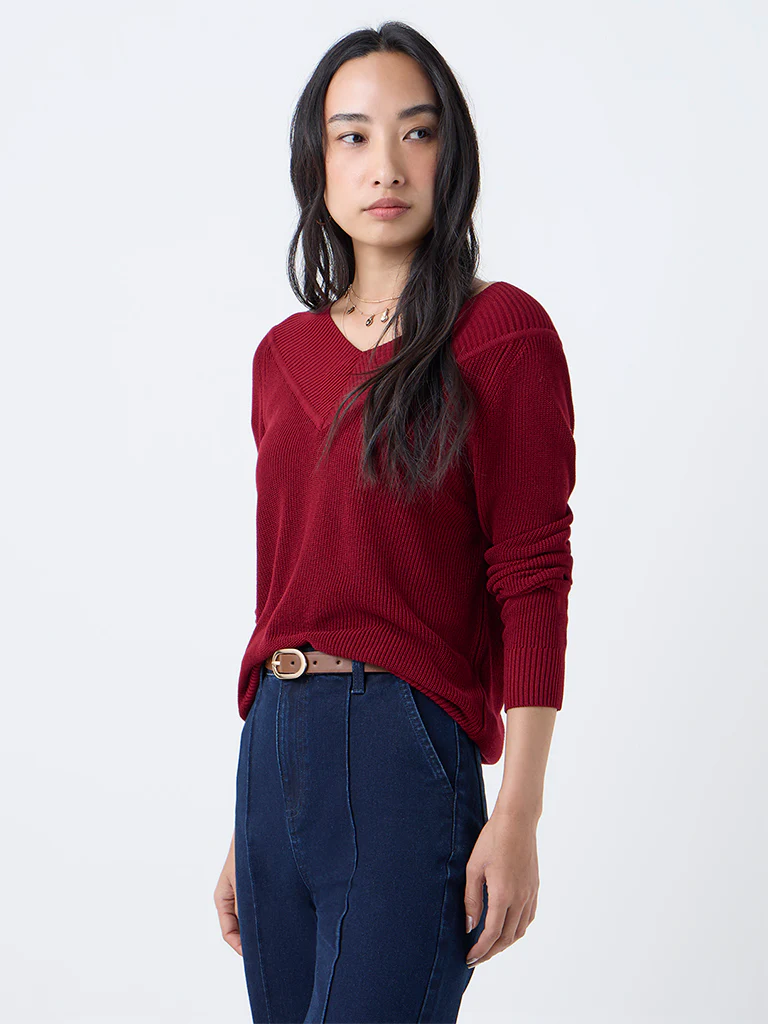 LOV Maroon Knit-Textured Top - Image 2
