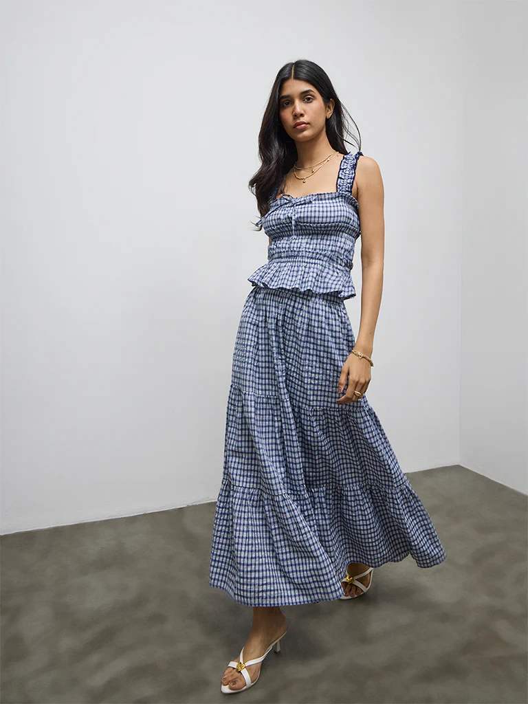 LOV Navy Checkered Cotton-Blend Top - Image 2