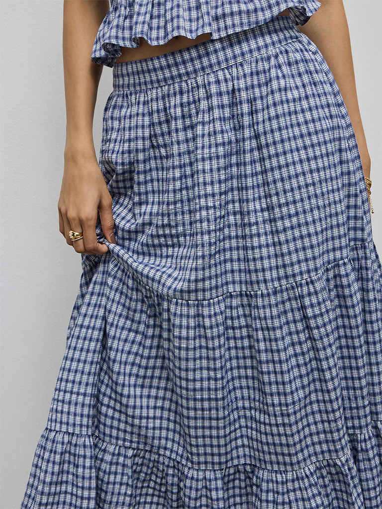 LOV Navy Checkered High-Rise Cotton-Blend Skirt - Image 3