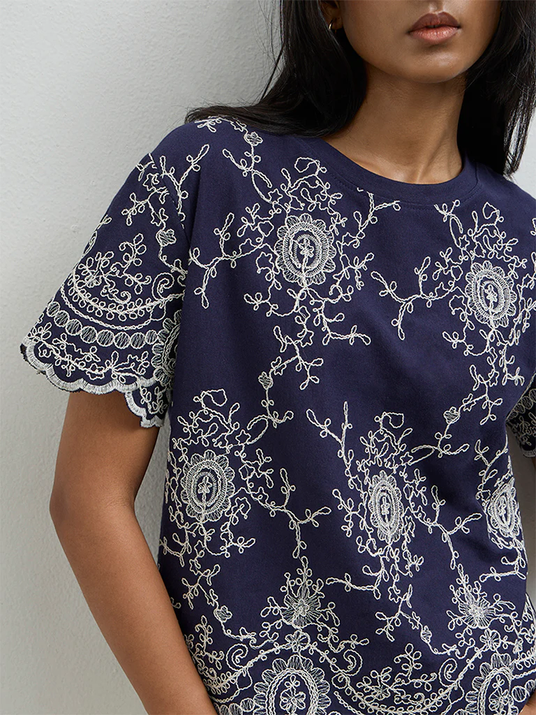 LOV Navy Embroidered Cotton Top - Image 3