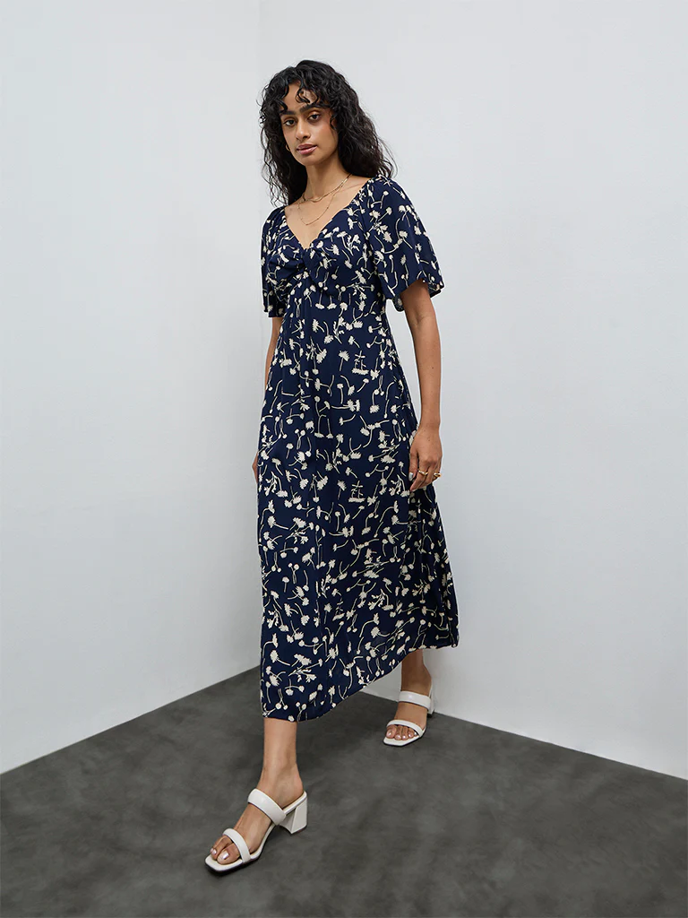 LOV Navy Floral A-Line Dress - Image 2