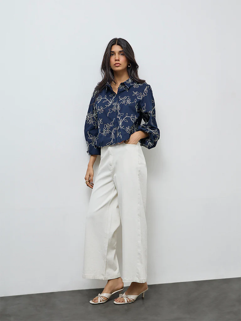 LOV Navy Floral Embroidered Cotton Shirt - Image 2