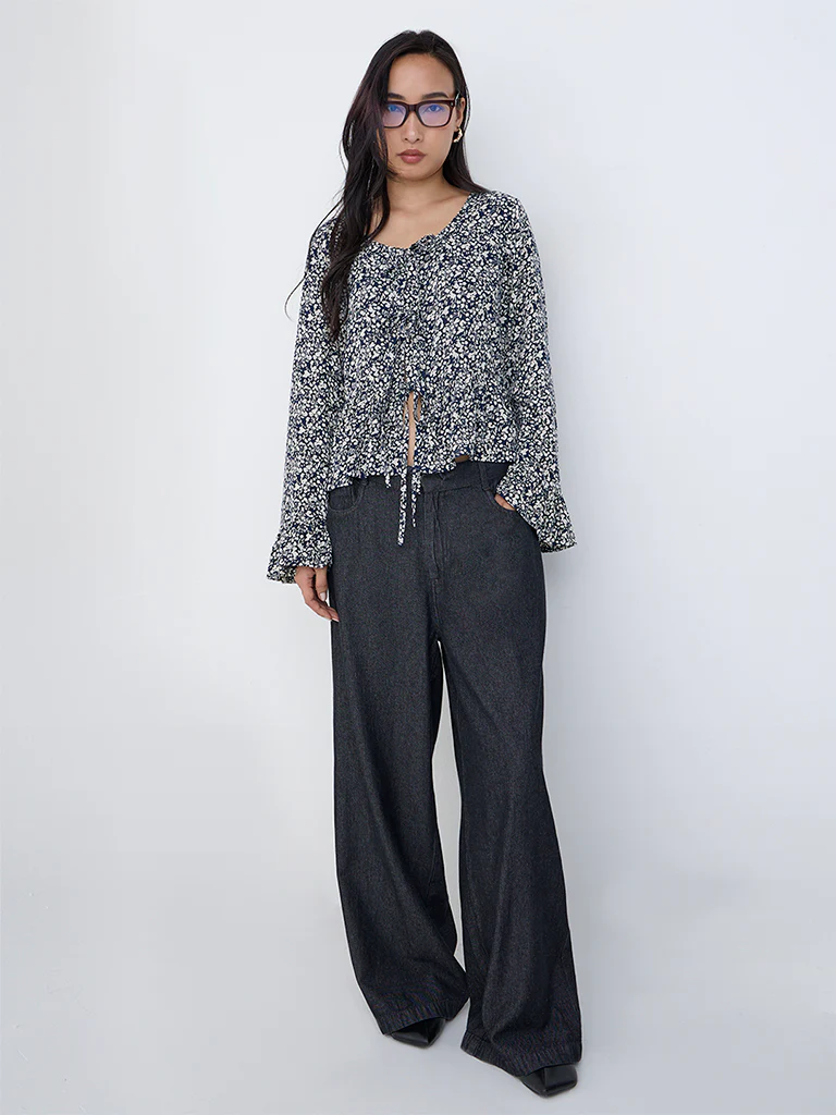 LOV Navy Floral Pattern Top
