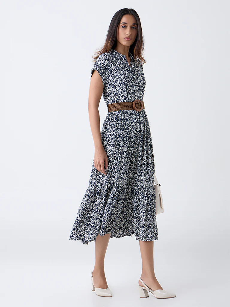 LOV Navy Floral Printed A-Line Dress with Belt - Image 2