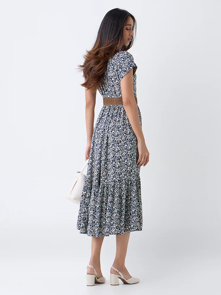 LOV Navy Floral Printed A-Line Dress with Belt - Image 4
