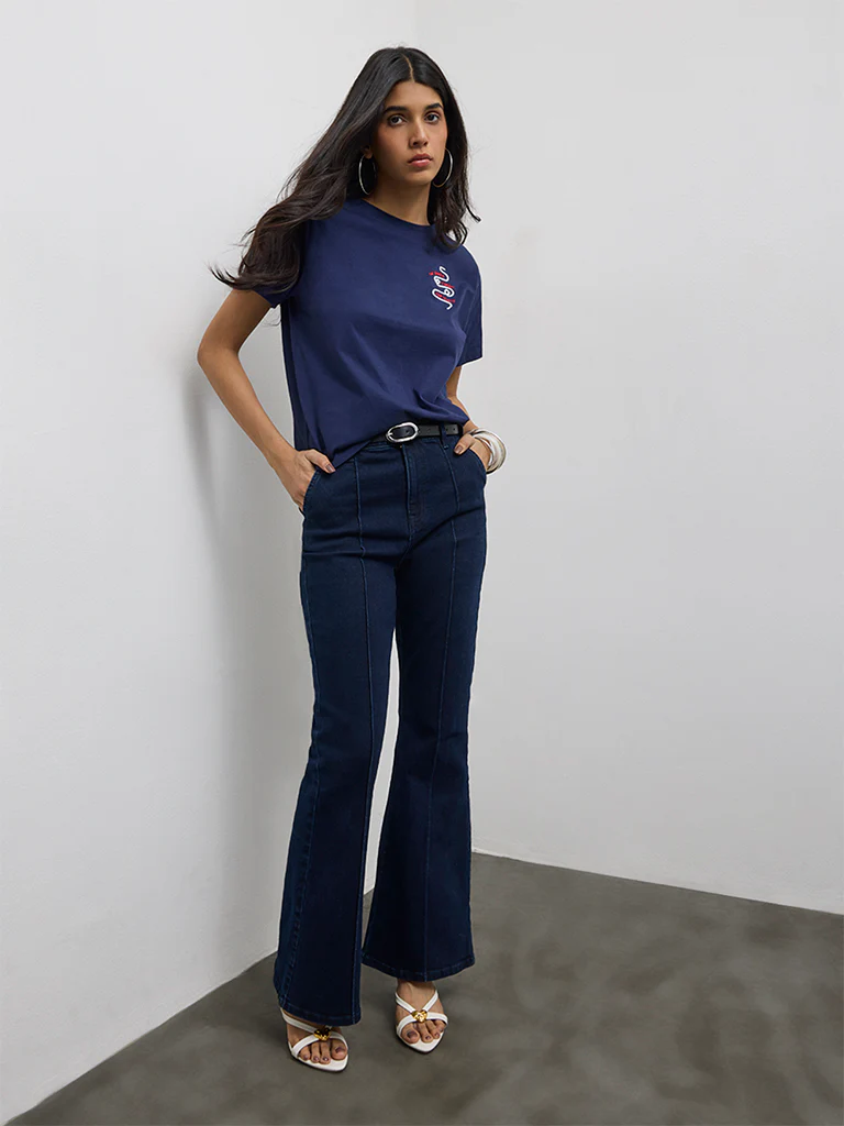 LOV Navy Graphic Design Cotton T-Shirt - Image 2