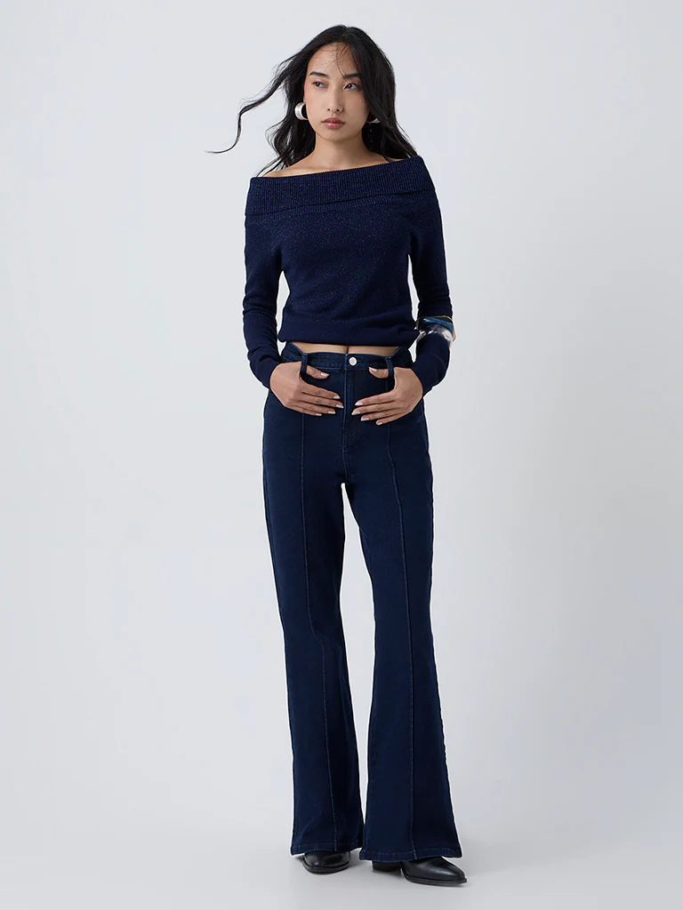 LOV Navy Knit-Textured Off-Shoulder Top - Image 2