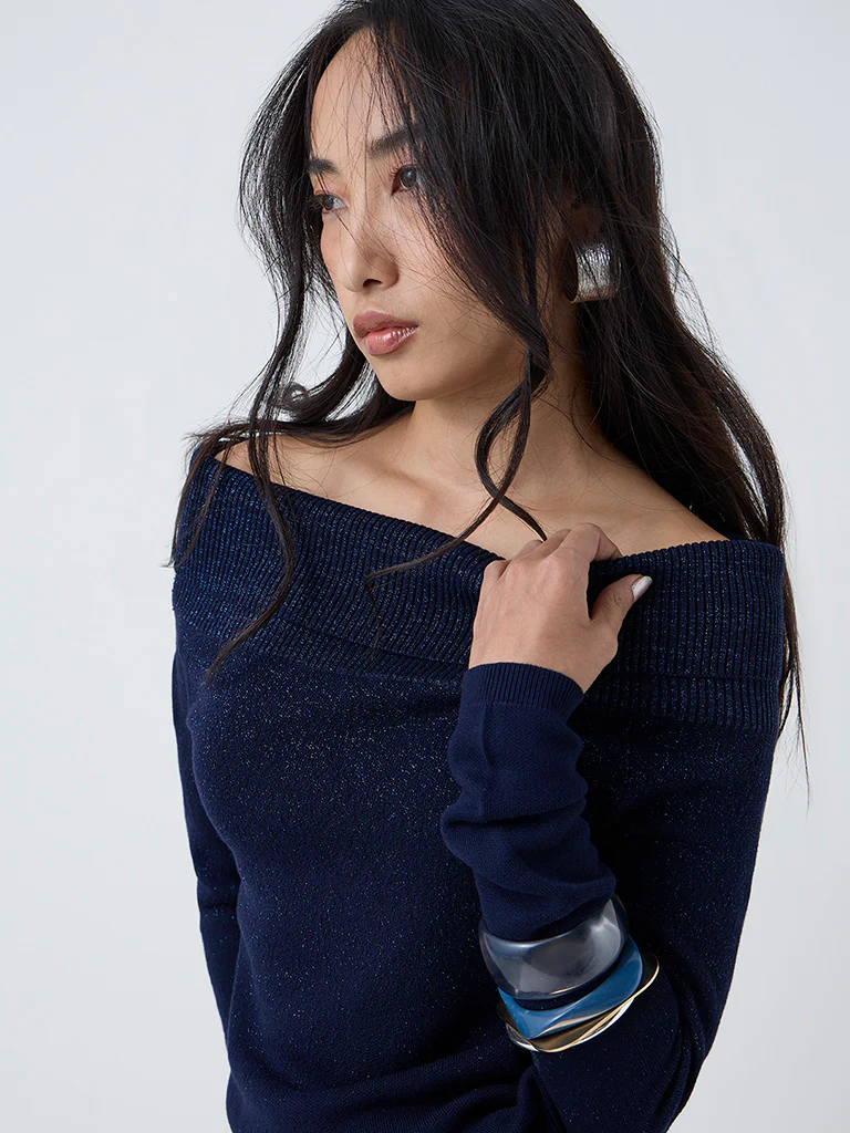 LOV Navy Knit-Textured Off-Shoulder Top - Image 3