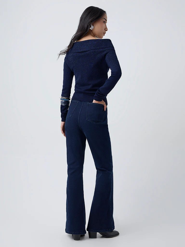 LOV Navy Knit-Textured Off-Shoulder Top - Image 4