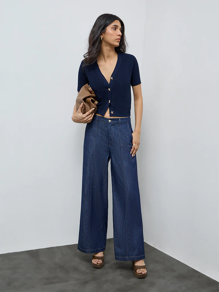 LOV Navy Popcorn Knit-Textured Cardigan - Image 2