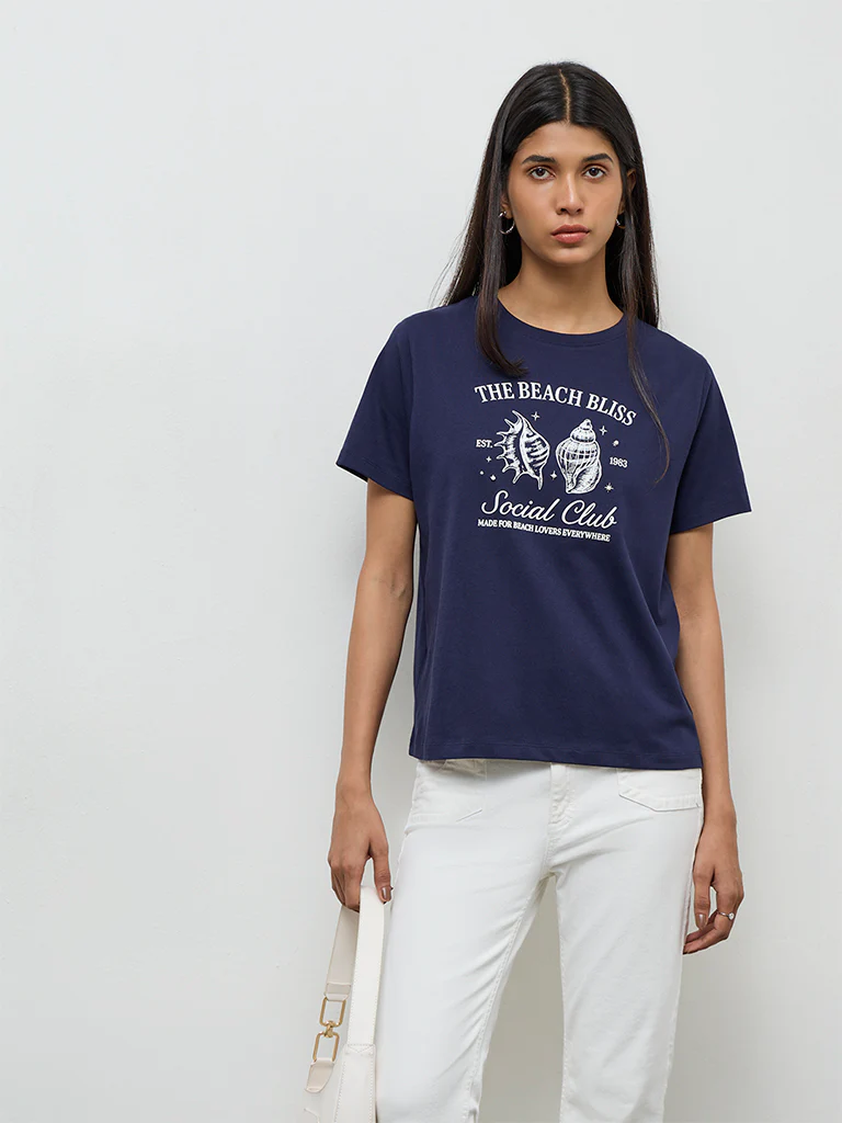 LOV Navy Printed Cotton T-Shirt