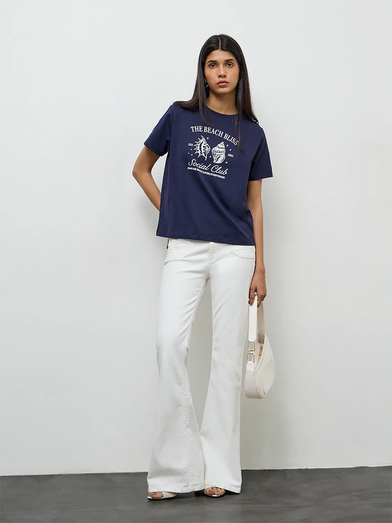 LOV Navy Printed Cotton T-Shirt - Image 2