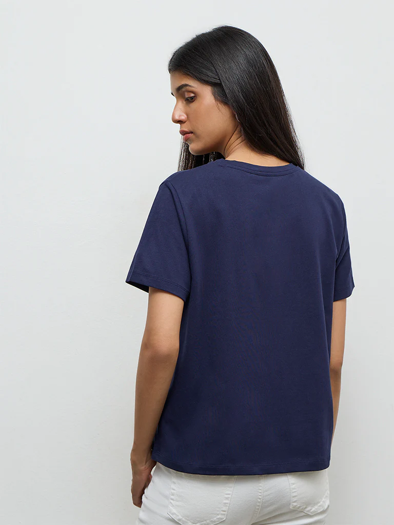 LOV Navy Printed Cotton T-Shirt - Image 4