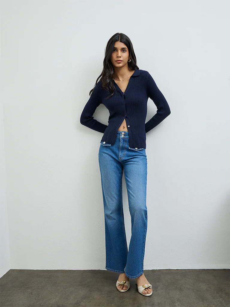 LOV Navy Ribbed-Textured Cardigan - Image 2