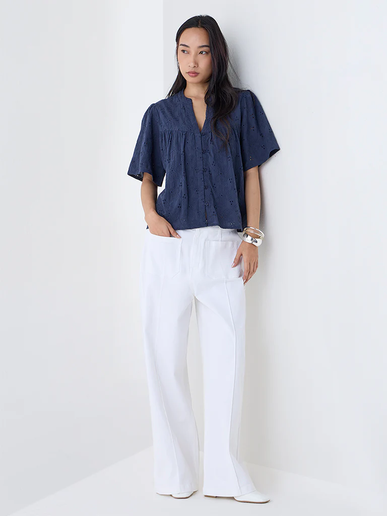 LOV Navy Schiffli Embroidered Cotton-Blend Top
