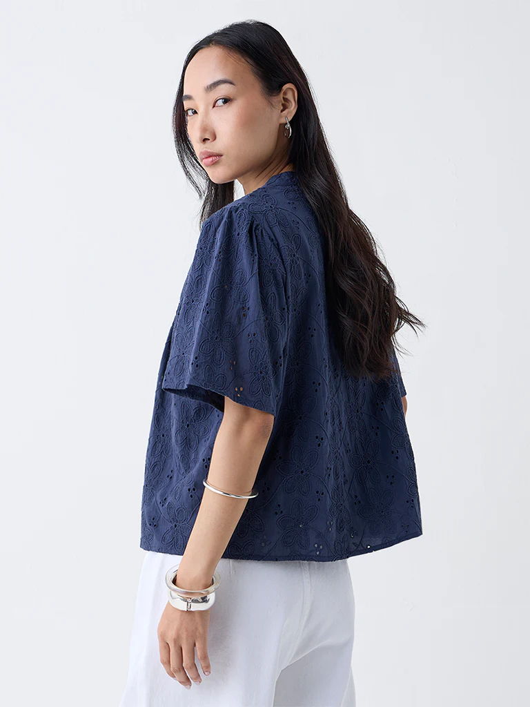 LOV Navy Schiffli Embroidered Cotton-Blend Top - Image 4