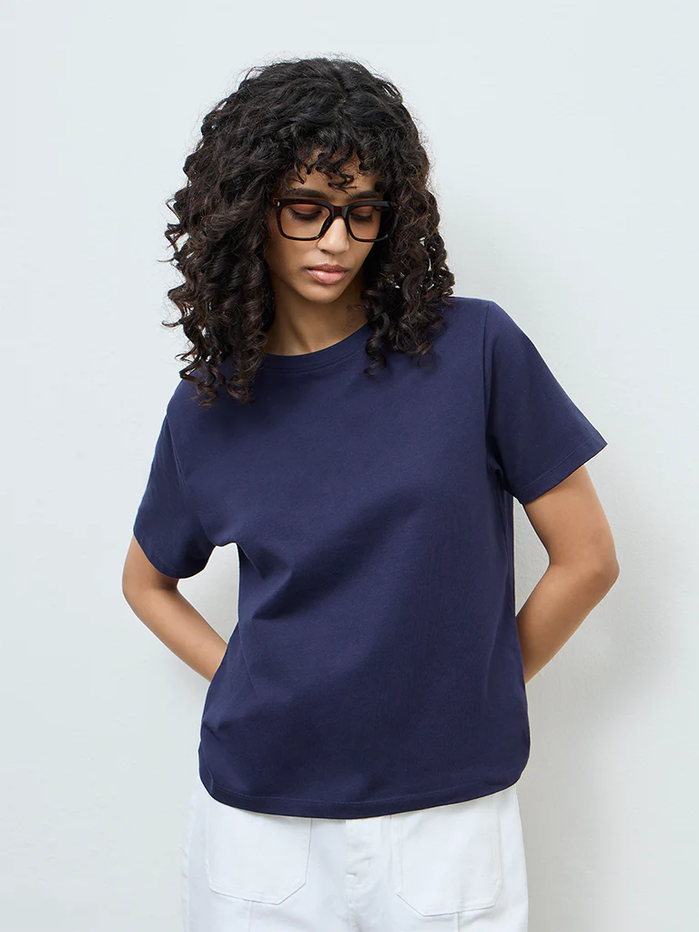 LOV Navy Solid Cotton T-Shirt