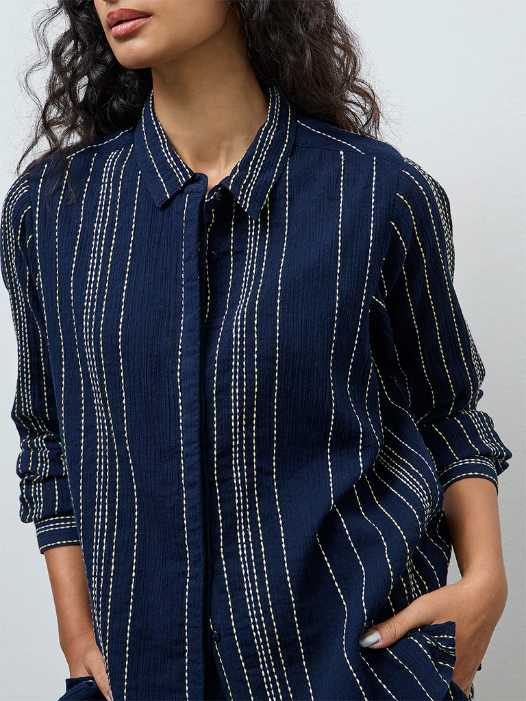 LOV Navy Striped Embroidered Cotton Shirt - Image 3