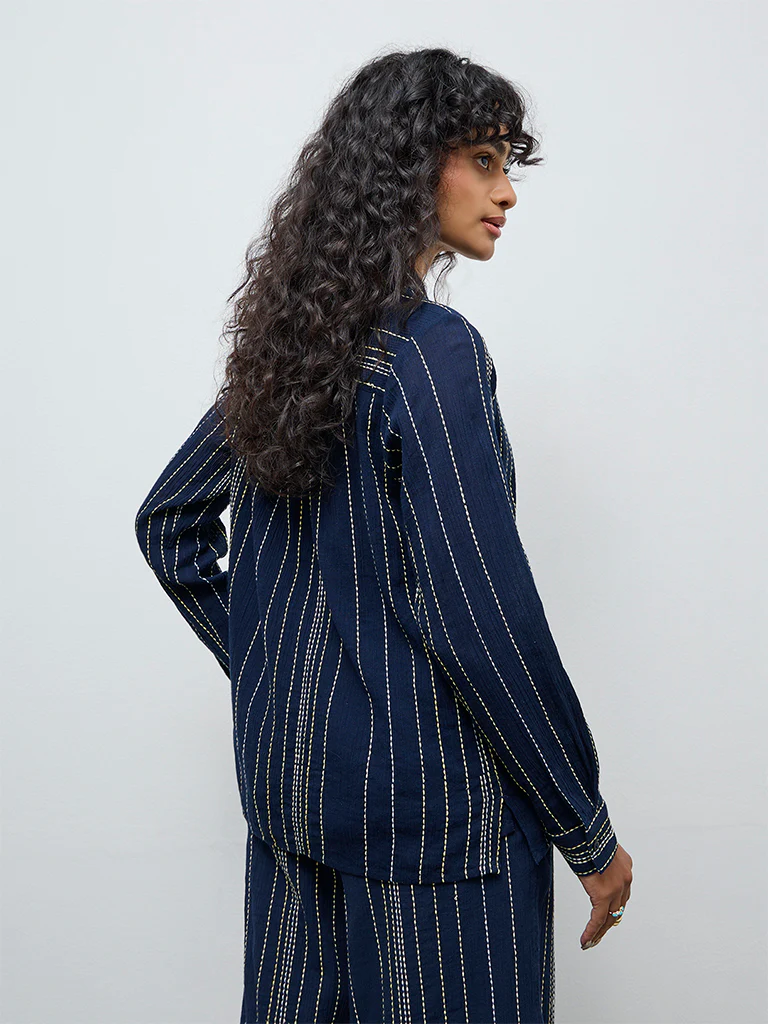 LOV Navy Striped Embroidered Cotton Shirt - Image 4
