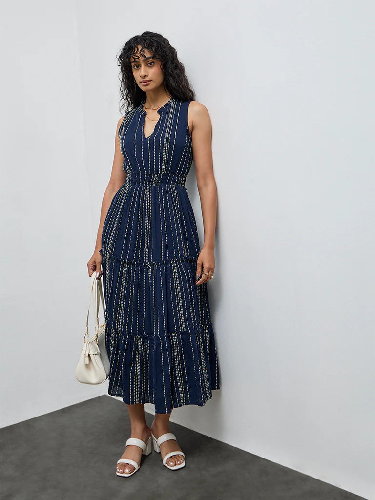LOV Navy Striped Embroidered Cotton Tiered Dress