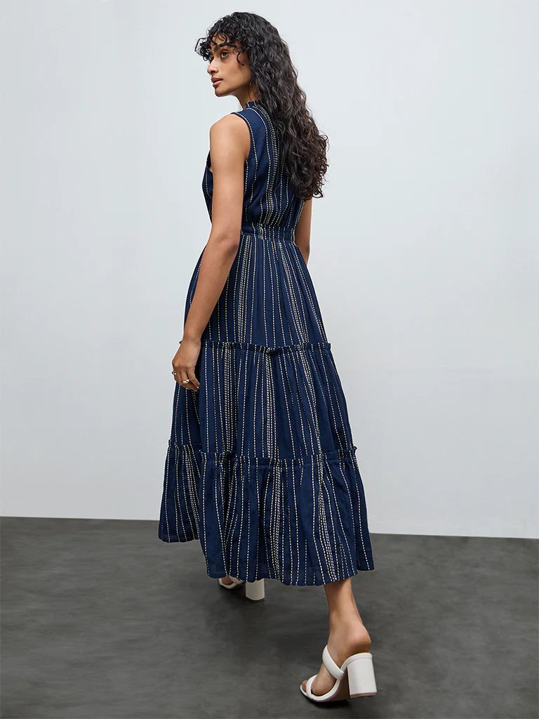 LOV Navy Striped Embroidered Cotton Tiered Dress - Image 4