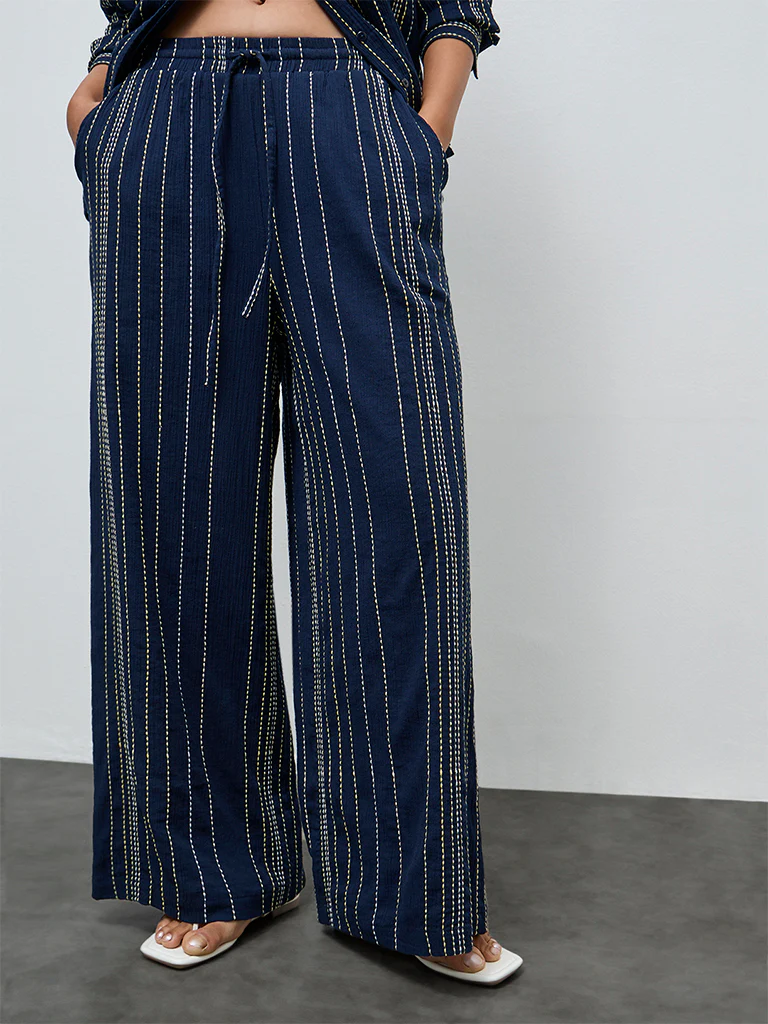 LOV Navy Striped Embroidered High-Rise Cotton Pants - Image 2
