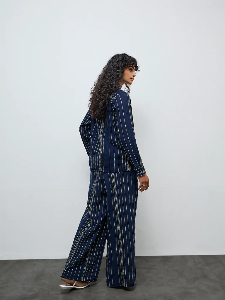 LOV Navy Striped Embroidered High-Rise Cotton Pants - Image 4