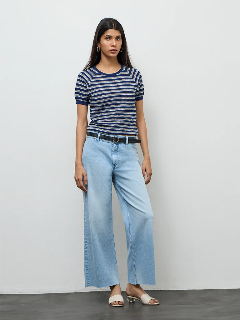 LOV Navy Striped Knit-Textured T-Shirt - Image 2