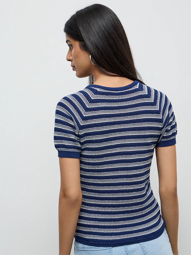 LOV Navy Striped Knit-Textured T-Shirt - Image 4