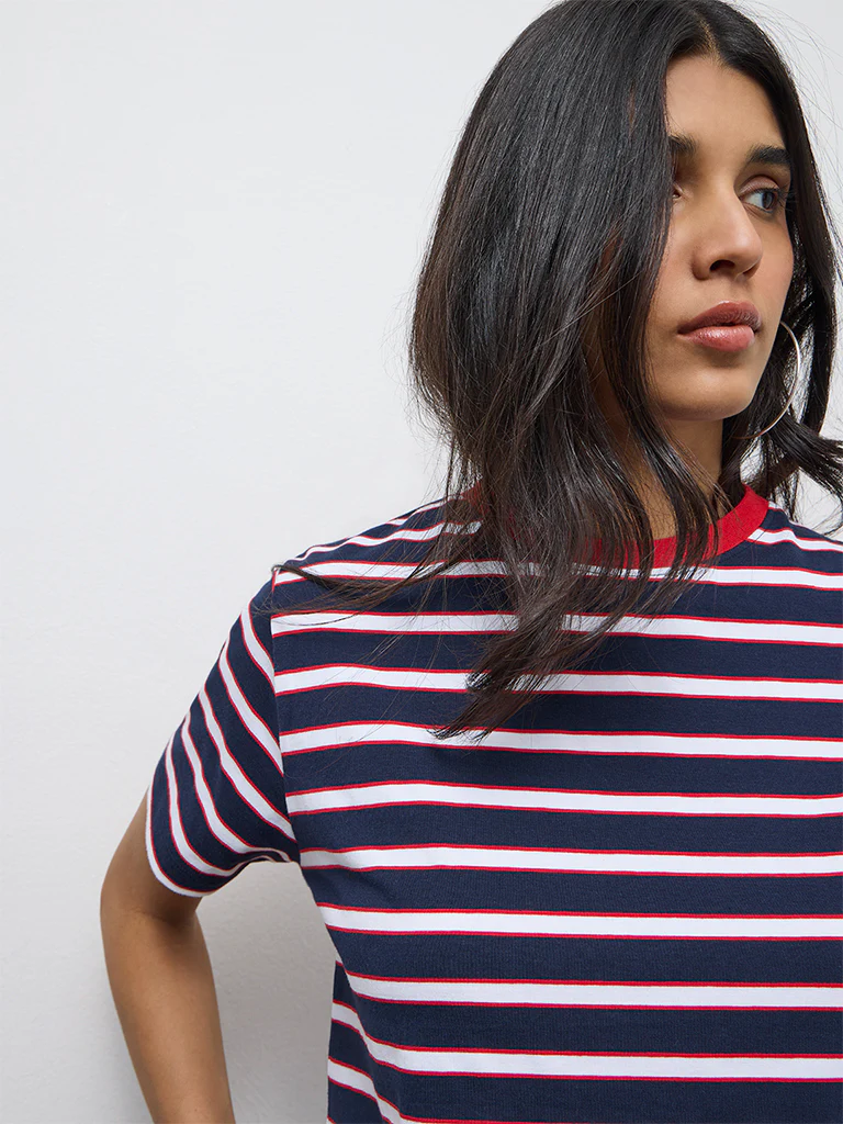 LOV Navy Striped Printed Cotton-Blend T-Shirt - Image 3