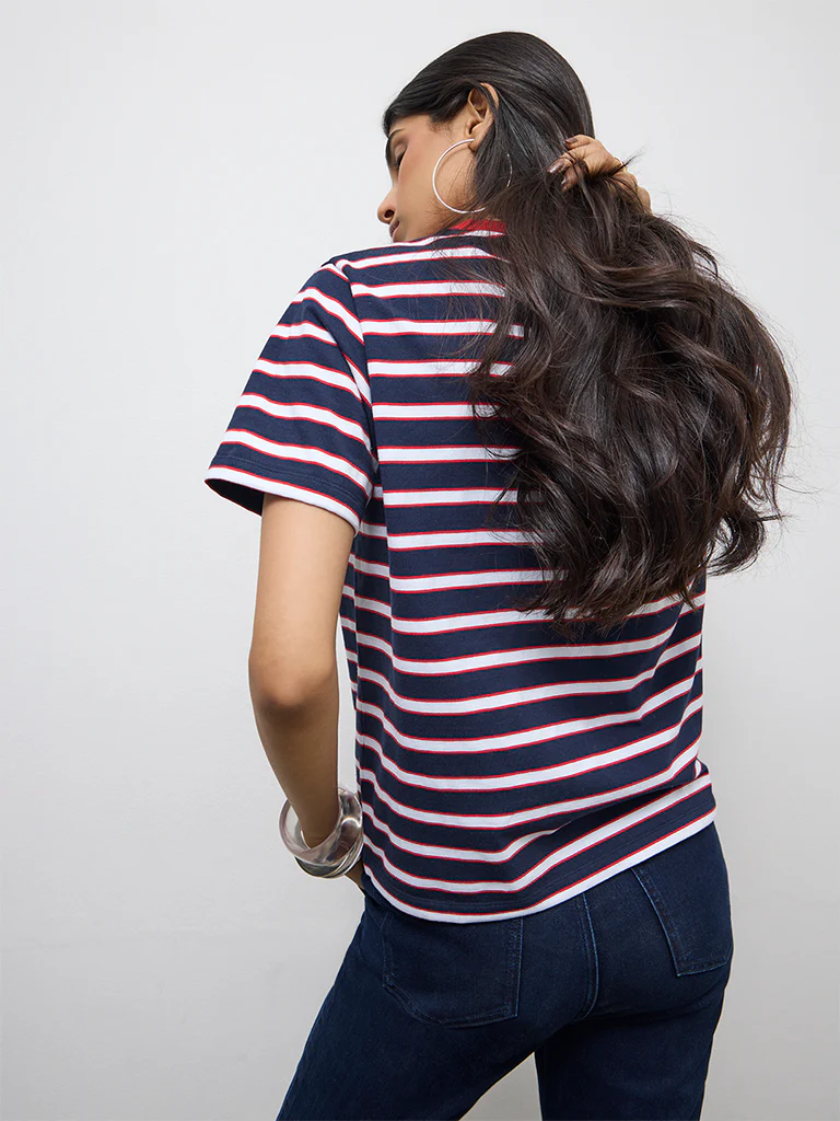 LOV Navy Striped Printed Cotton-Blend T-Shirt - Image 4